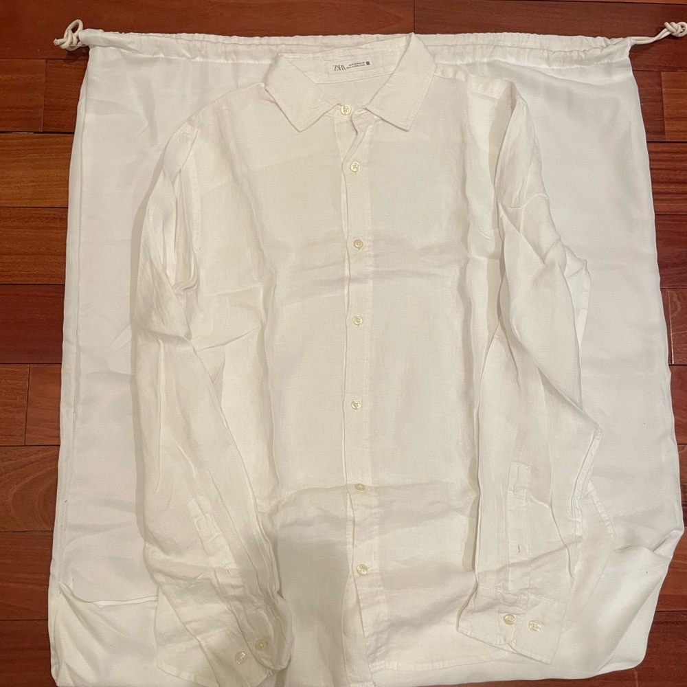 Zara White Linen Shirt with Denim Accents